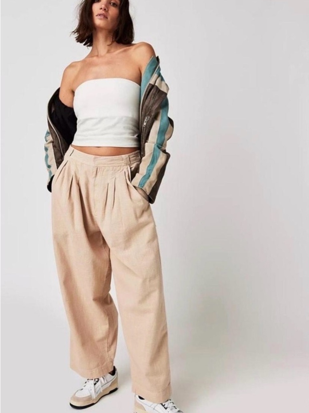 Free People Beige Wide-Leg Pleated Trousers